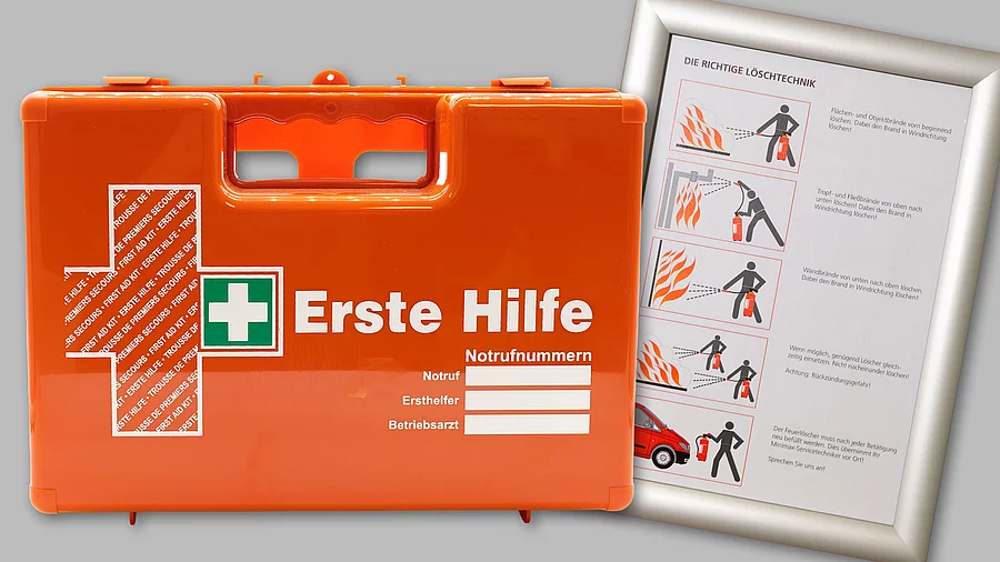 Erste-Hilfe-Koffer und Grafik "Die richtige Löschtechnik" für mobile Brandschutzstation "Safety Station 360°" von Minimax