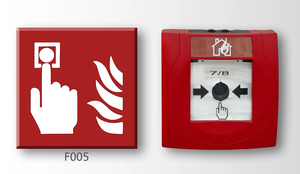 Links: Brandschutzzeichen F005, rechts: Brand- bzw. Handfeuermelder