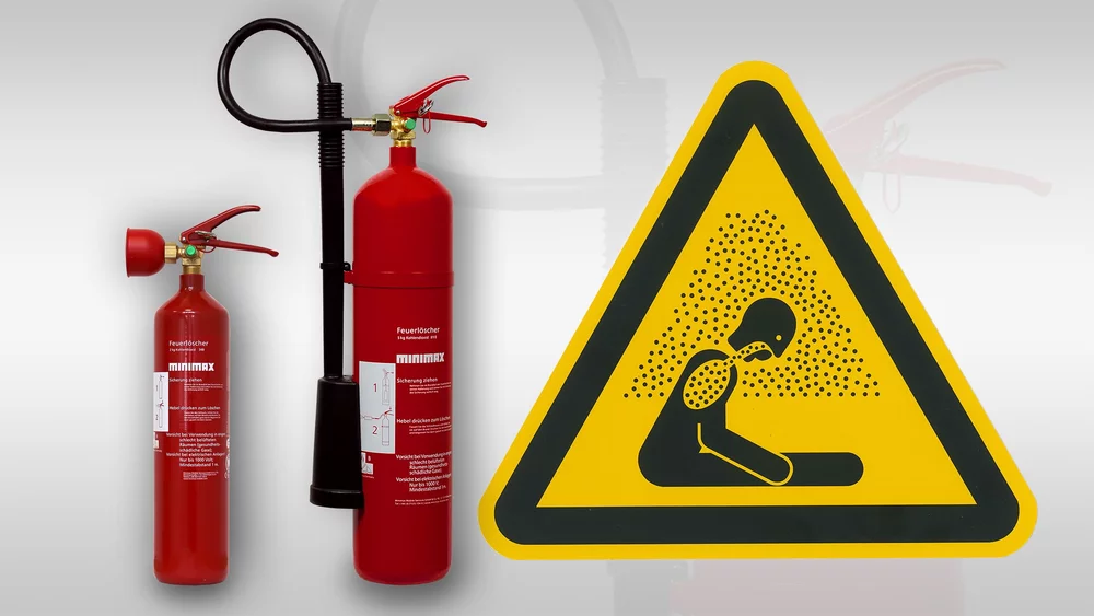 2 Kohlendioxid-Feuerlöscher und das Warnkennzeichen W041. Vorsicht beim Einsatz von CO2-Feuerlöschern in engen Räumen - Lebensgefahr!
